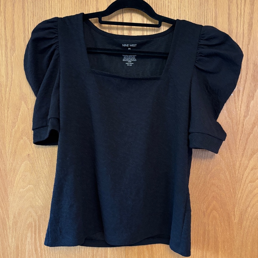 Nine West Black Square Neck Shirt with Puff Shoulders